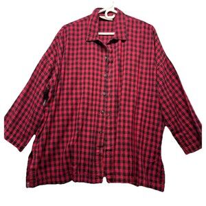 Eleven Stitch Design Shirt Womens XS Red Black Check Plaid Button Up Lagenlook